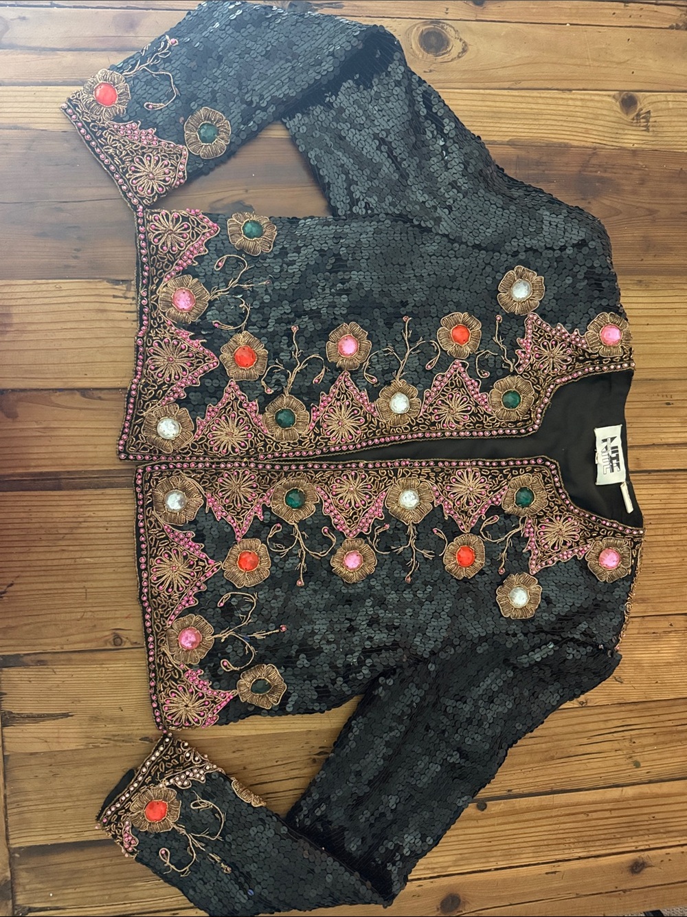 Niteline Black Sequin Embroidered Crop Jacket with Colorful Floral Accents